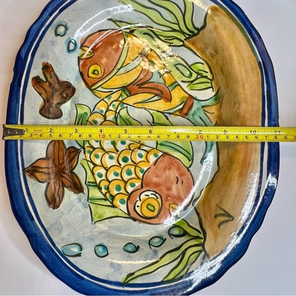 Vintage Signed 70’s Mexican Pottery Platter,  Red Clay, Hand Painted, Fish Beach - Picture 8 of 12